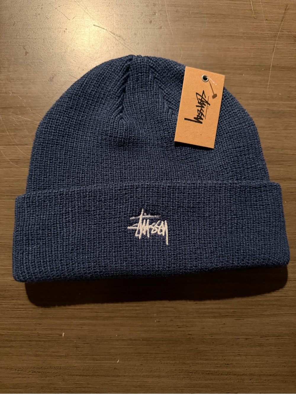 Stussy Navy Blue Beanie with White Logo